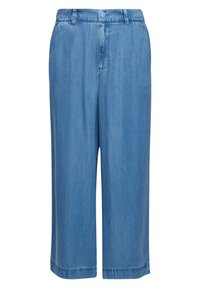 Light blue wide-leg cropped denim pants with elastic waistband, button closure, front pockets, and belt loops.
