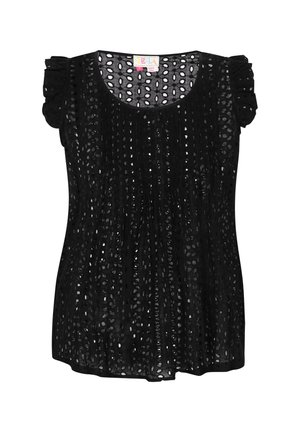 Must mustriga särk, millel on tekstuuriga kangas avatud täppidega, volangkäised ja ümmargune kaelus.