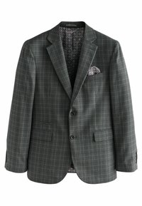 Gray plaid blazer with a two-button front, notched lapels, and two front pockets. Lined with geometric patterned fabric and a matching pocket square.