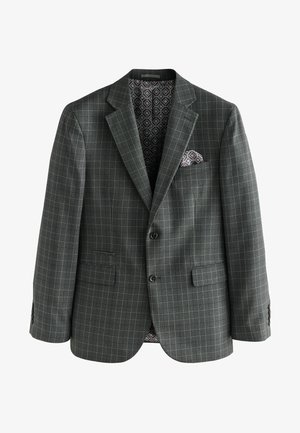 Gray plaid blazer with a two-button front, notched lapels, and two front pockets. Lined with geometric patterned fabric and a matching pocket square.