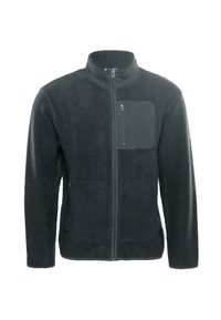 Fleecejacke in Dunkelgrau mit hohem Kragen, durchgehendem Reißverschluss und einer aufgesetzten Brusttasche mit Reißverschluss. Weiches, strukturiertes Material mit lässiger Passform.