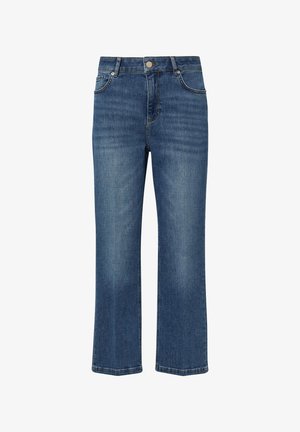 Blue wide-leg jeans made from durable denim, featuring a classic five-pocket design and a front button closure.