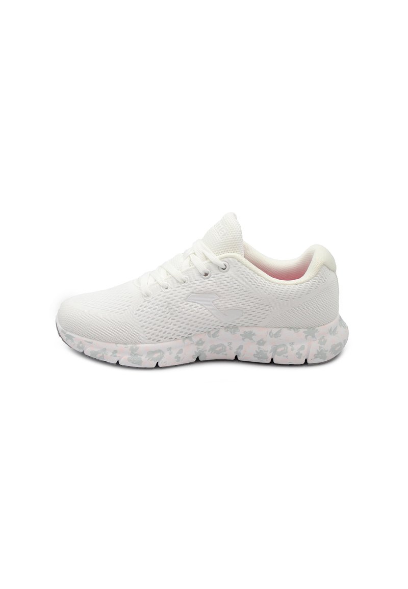 Scarpe sportive bianche con una tomaia in rete, design con lacci testurizzati e una suola imbottita che presenta un motivo floreale grigio sul fondo.