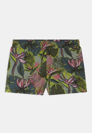 Costume da bagno da uomo con motivo floreale tropicale in verde, rosa e viola. Vita elastica con coulisse; tessuto leggero.