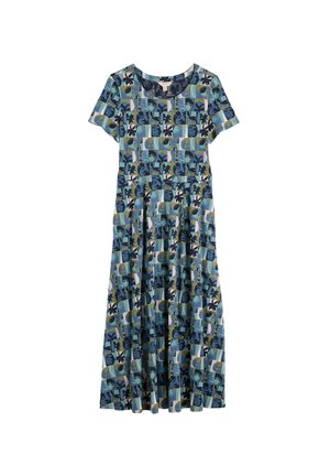 Robe à manches courtes, longueur genou, avec un motif géométrique et floral vert, bleu et marine sur un tissu léger.
