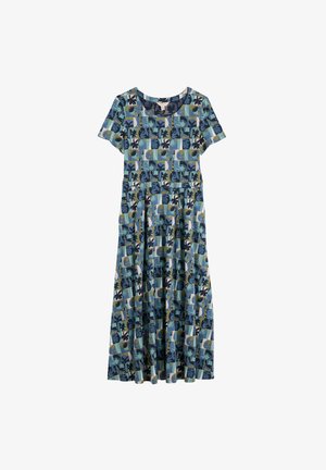 Robe à manches courtes, longueur genou, avec un motif géométrique et floral vert, bleu et marine sur un tissu léger.