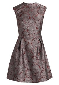 Červené šaty se stříbrným květinovým vzorem, bez rukávů, přiléhavý korzet, rozšířená sukně a záhyby po stranách. Texturovaná tkanina.