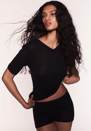 PULL&BEAR, RIBBED V-NECK - TOP - T-shirt basic - dark blue