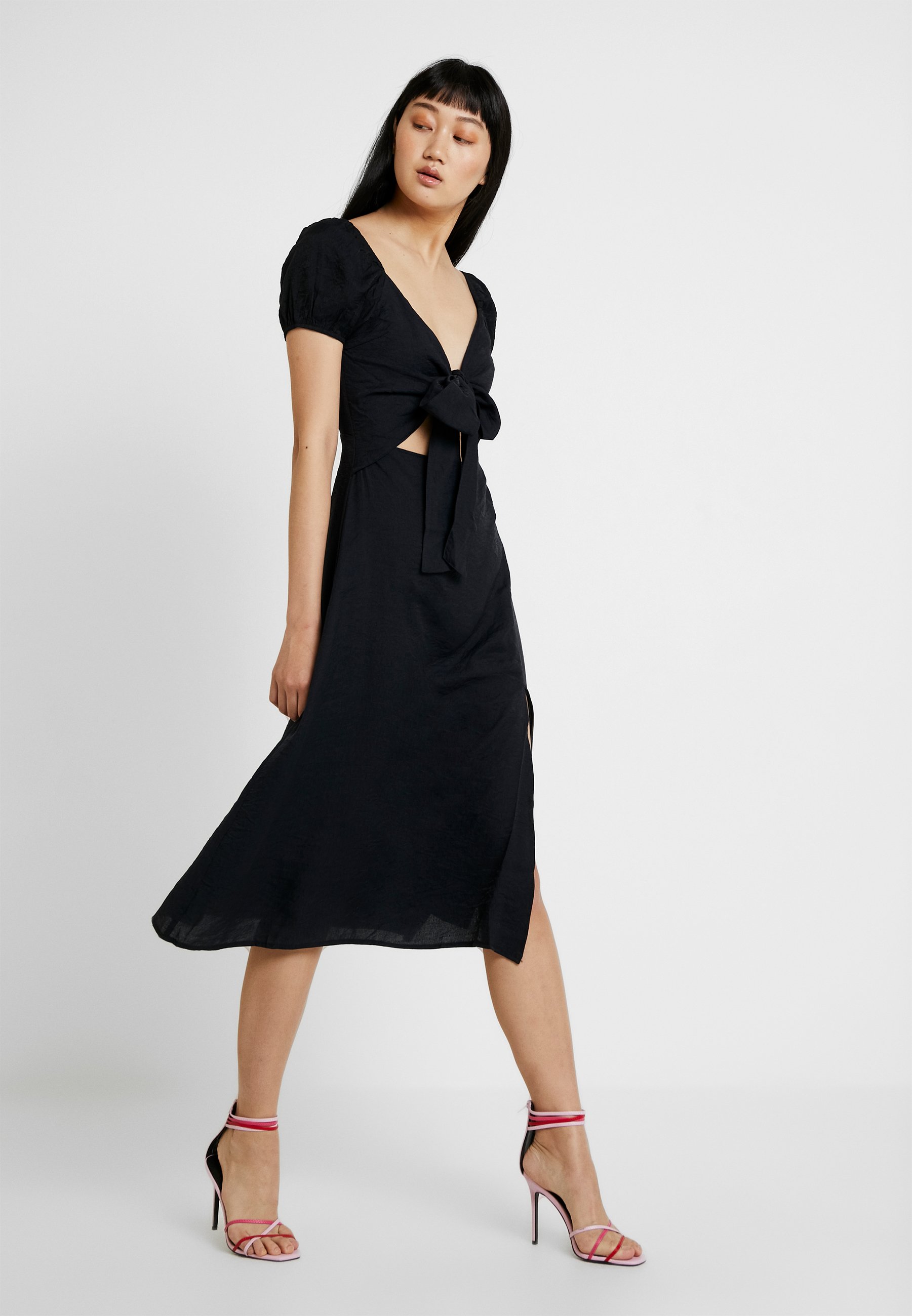 black bardot tie front midi dress