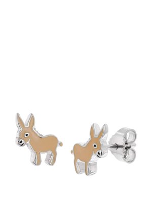 Kleine silberne Ohrstecker in Form von hellbraunen Eseln mit weißen und schwarzen Gesichtsdetails.