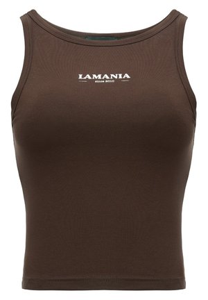 Brązowy bezrękawnik typu crop top z białym nadrukiem "LAMANIA since 2010" na piersi.