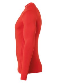 T-shirt de sport rouge à manches longues, fabriqué en matériau extensible et lisse. Présente un col haut et un design ajusté, avec des coutures renforcées pour la durabilité.