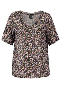 Květinová halenka s krátkým rukávem, s výstřihem do V, z průhledného materiálu, černý základ s růžovými, žlutými a modrými květinami, volný střih a jemná textura.