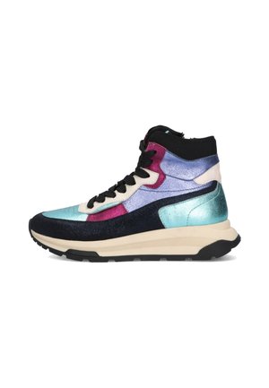 High-top sneakers in black, blue, purple, and pink, with a textured upper, contrasting midsole, and black laces. Rubber outsole for traction.