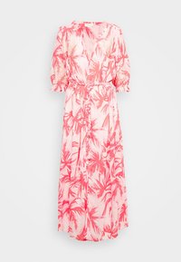 Robe longue rose pâle avec un imprimé feuillage de palmier vif. Elle présente des manches bouffantes courtes, une taille à nouer et des boutons sur le devant.