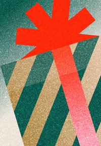 Δώρο συσκευασμένο με πράσινο και χρυσό ριγέ χαρτί, με μεγάλη κόκκινη κορδέλα στην κορυφή. Η sparkly υφή ενισχύει την οπτική απήχηση.