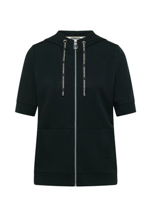 Zwarte korte mouwen hoodie met ritssluiting, voorzakken en trekkoorden met de tekst "SUNKISSED SOUL".