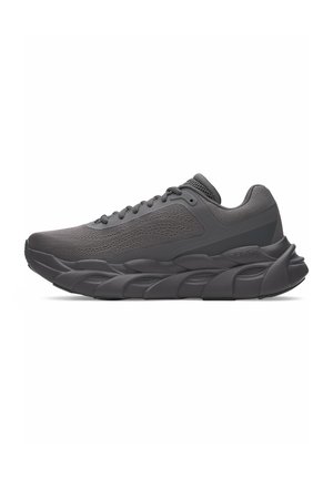 Gray running shoe with a textured mesh upper, cushioned sole, and sleek design. Features prominent tread and reinforced heel for support.