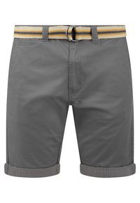 Grijze katoenen shorts met opgerolde zoom en een geweven riem met gele en zwarte strepen. Eenvoudig ontwerp met voorzakken.