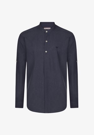 Marineblaues Langarmshirt mit Stehkragen, vorderem Knopfverschluss und aufgerollten Ärmeln. Hat ein dezentes Vogel-Logo auf der Brust.