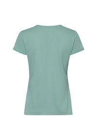 Maglietta a maniche corte di colore verde acqua chiaro, vista da dietro, con scollo tondo e orlo dritto.