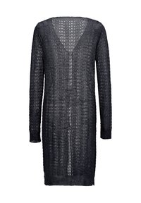 Cardigan lungo e morbido nero con scollo a V e maniche lunghe, caratterizzato da un design a maglia aperta testurizzata e polsini e orlo a costine.