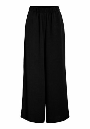 Pantalon noir à jambes larges avec taille élastique, coupe ample et texture de tissu lisse.