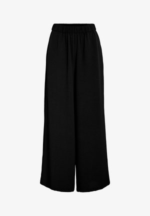 Pantalon noir à jambes larges avec taille élastique, coupe ample et texture de tissu lisse.