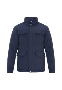 Marineblå jakke med høj krave, fire frontlommer og knaplukning. Fremstillet af et struktureret stof med et fast design.