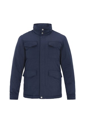 Marineblaues Jacket mit hohem Kragen, vier Fronttaschen und Knopfschluss. Hergestellt aus einem strukturierten Gewebe mit einem strukturierten Design.