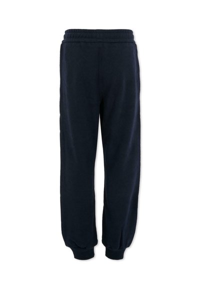 Marineblauwe trainingsbroek van zacht materiaal, met een elastische tailleband, geribbelde boorden en een losse pasvorm. Eenvoudig, zonder patronen of accenten.
