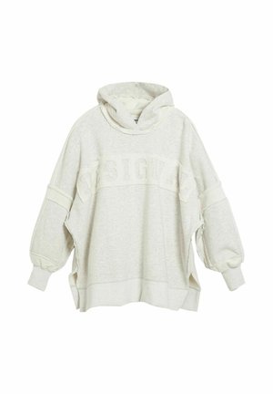Oversized ljusgrå hoodie med sänkta axlar, sidospjäll, elastiska muddar och präglad text "DESIGUAL" över bröstet.