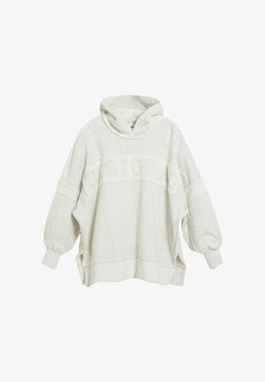 Nadrozmerná svetlošedá mikina s klesnutými ramenami, bočnými rázporkami, elastickými manžetami a vyrazeným textom "DESIGUAL" cez hrudník.