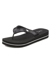 Black flip-flop with a textured, glittery strap featuring silver accents, thick black sole with white stripe, lightweight design.