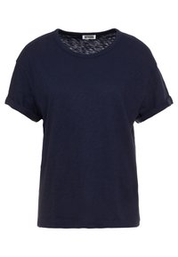 Mørkeblå, kortærmet t-shirt lavet af blødt bomuld med rund hals og oprullede ærmer. Den har en subtil tekstur og lige kant.