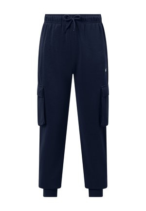 Pantaloni jogger cargo blu navy con vita elastica, coulisse, tasche laterali con patta e caviglie risvoltate.