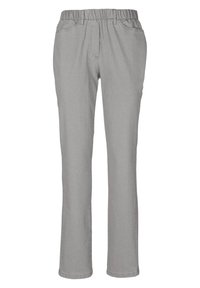 Graue, gerade geschnittene Hose aus weichem Stoff, mit einem elastischen Bund und minimalen Nähdetails. Keine sichtbaren Taschen.