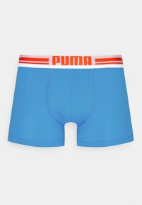Blue cotton boxer briefs with a white and red elastic waistband featuring "PUMA" in bold. Smooth texture and fitted design.