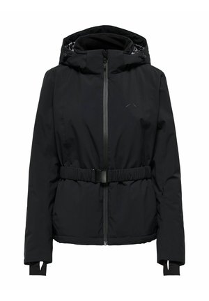 Veste isolée noire avec fermeture éclair à l'avant, capuche ajustable, ceinture élastique à la taille et poches pour les mains. Présente un motif de doublure interne.