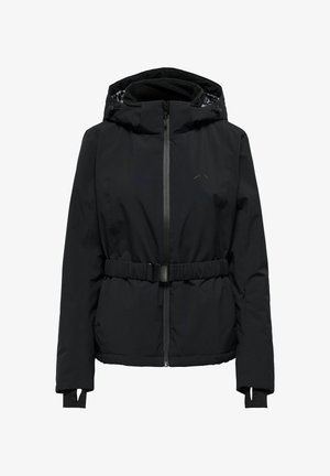 Veste isolée noire avec fermeture éclair à l'avant, capuche ajustable, ceinture élastique à la taille et poches pour les mains. Présente un motif de doublure interne.