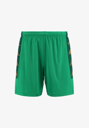 Pantaloni sportivi verdi con cintura elasticizzata e pannelli laterali in mesh con marchio arancione. Tessuto leggero con una superficie liscia.