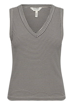 Striped sleeveless top with a V-neckline. Features navy and cream horizontal stripes. Fabric has a ribbed texture. Classic fit design.