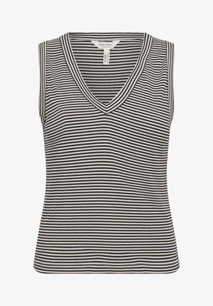 Gestreept mouwloos top met een V-hals. Kenmerkt zich door marineblauwe en crème horizontale strepen. De stof heeft een geribbelde textuur. Klassiek pasvorm ontwerp.