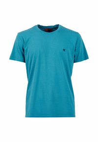 T-shirt cotone turchese con maniche corte, colletto rotondo e un piccolo logo sul lato sinistro del petto. Tessuto liscio e vestibilità regolare.