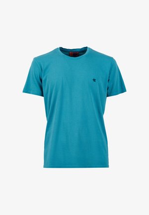 T-shirt cotone turchese con maniche corte, colletto rotondo e un piccolo logo sul lato sinistro del petto. Tessuto liscio e vestibilità regolare.