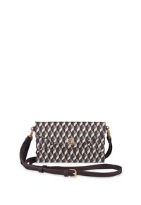 Crossbody bag met geometrisch patroon in synthetisch materiaal, voorzien van een donkere schouderband, gouden hardware en een magnetische sluiting.