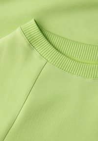 Sudadera verde claro con cuello acanalado, textura suave y mangas raglán, que presenta un color sólido y un acabado uniforme.