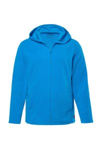 Jasnoniebieska bluza polarowa na zamek z kapturem, o gładkiej fakturze, z długimi rękawami i metką przy dolnym brzegu. Prosty i funkcjonalny design.