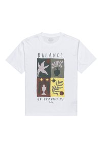 White short-sleeve t-shirt featuring a graphic with squares in various colors. Text reads "BALANCE OF OPPOSITES" below abstract shapes and plants.