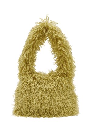 Futrzana torebka w jasnym żółto-zielonym kolorze. Posiada okrągły uchwyt i miękką, kręconą fakturę. Kwadratowa forma z otwartym górnym designem.